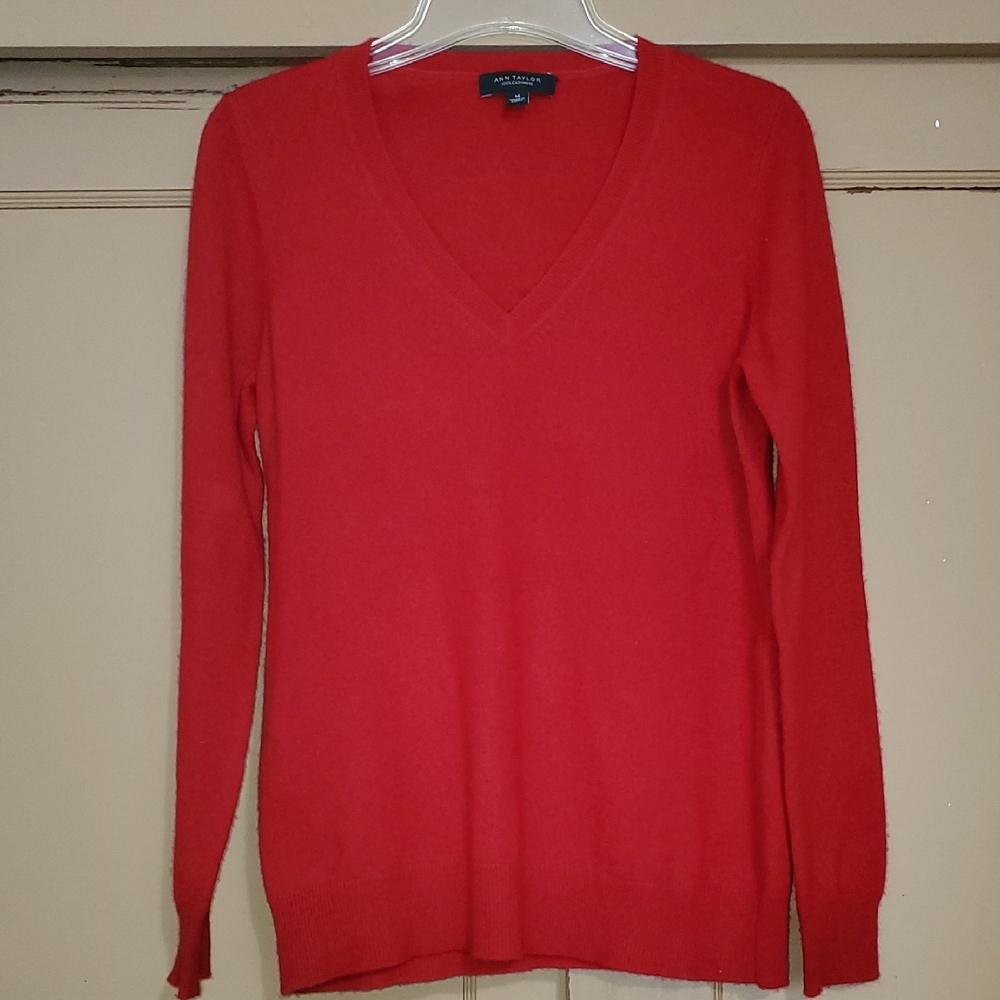 Ann Taylor Cashmere Red V-Neck Sweater
